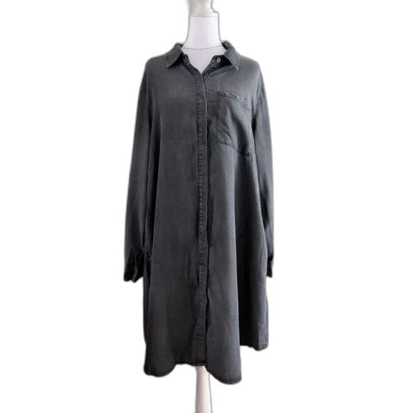 utcoco Dresses & Skirts - Boho Westen Core Black Grey Denim Shirt Dress Long Sleeve Button Down Midi Dress